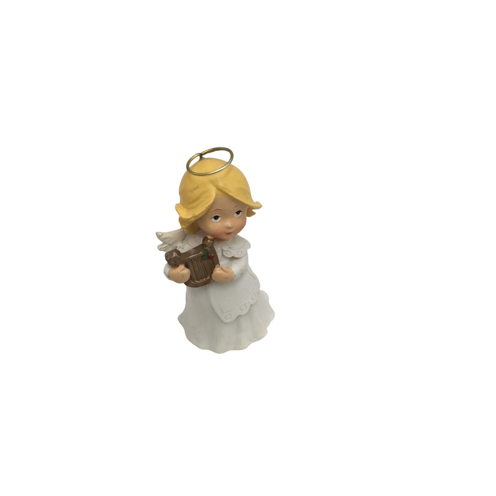 Vintage Angel Figurine Blonde Cherub with Harp and Gold Halo 3.25 Inch
